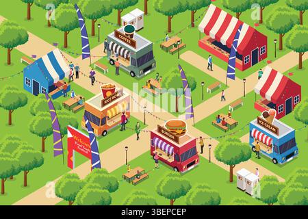 A vector illustration of Isometric Food Truck Festival Stock Vector