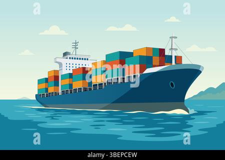 A vector illustration of Cargo Ship Carrying Containers in the Sea Stock Vector