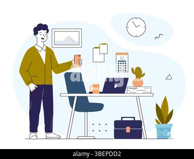 Businessman at workplace. Young guy with coffee in his hands in office. Hardworking employee, manager. Organizing effective workflow and time Stock Vector