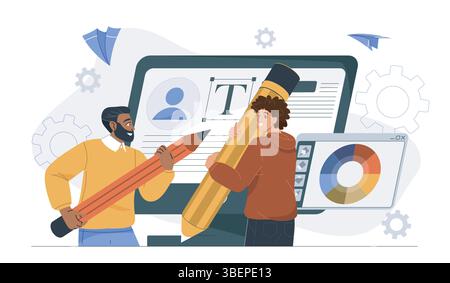 Graphic designers team. Men with pencils near computer screen. Digital artists team create interface elements for websites. UI and UX design. Flat Stock Vector