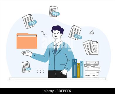 Man with files. Young guy near folder with electronic documents in different formats. Digital catalog, storage and archive. Rtf, pdf, txt and doc Stock Vector