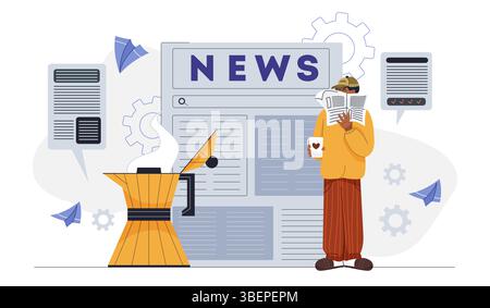 Man reading news. Young guy with newspaper and coffee cup. Journalism, multimedia and media content. Person reads daily news. Flat vector illustration Stock Vector