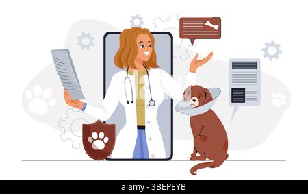 Pet veterinarian online. Woman in medical uniform on smartphone screen near dog. Doctor care about domestic animals. Diagnosis and treatment Stock Vector