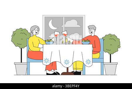 Elderly couple on romantic date. Old man and woman drinking wine in restaurant. Love and romance. Pair of seniors spending time together. Linear Stock Vector