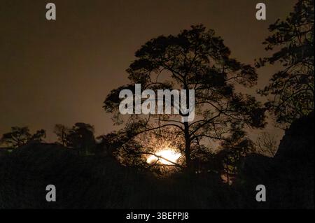 Moonrise at El Tepozteco Mountains. Amatlán, Morelos, Mexico Stock Photo