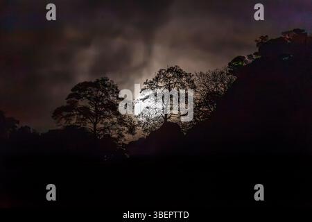 Moonrise at El Tepozteco Mountains. Amatlán, Morelos, Mexico Stock Photo