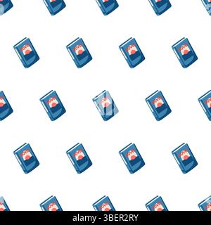 Seamless summer pattern with blue book on white background. Cartoon vector repeat background Stock Vector