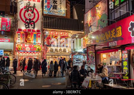 Colorful illuminated neon signs at the Dotonbori district in Osaka Japan. Photo taken in evening at night Stock Photo