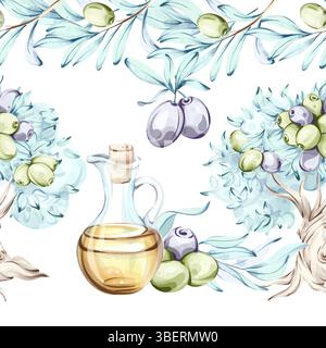 Olives and olive oil in a seamless pattern with a beautiful frame capturing the essence of Italian cuisine and nature through watercolor illustrations Stock Vector