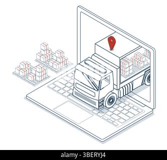 Express truck delivery from online orders, with GPS tracking via application, for fast delivery to homes and offices. Stock Vector