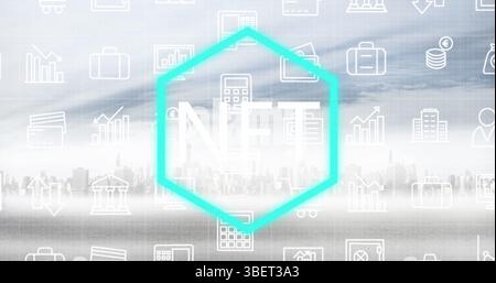 Image of nft in hexagon over financial icons over cityscape Stock Photo