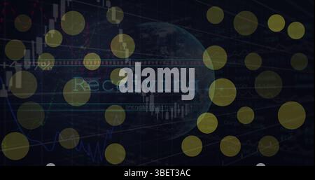 Image of dots blinking over graphs and globe on black background Stock Photo