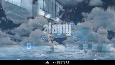 Image of network of connections with icons over clouds senior network of connections clouds Stock Photo