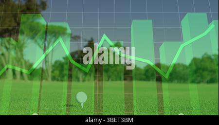 Image of statistical data processing over mid section of a man playing golf at golf course Stock Photo