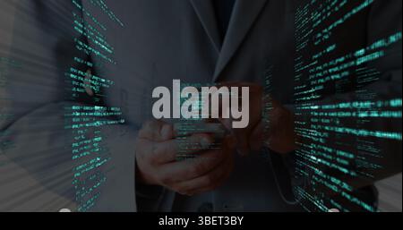 Composition of text with network of connections over data processing on black background Stock Photo