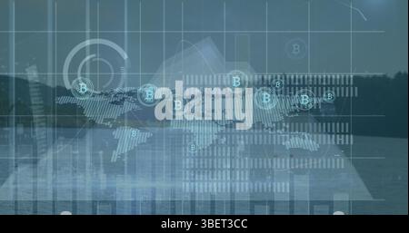 Image of bitcoins, world map and financial data over landscape Stock Photo