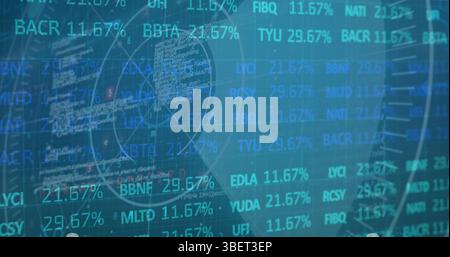 Image of financial graphs and data over navy digital screen with radar Stock Photo