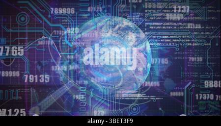 Image of changing numbers and microprocessor connections over globe against blue background Stock Photo