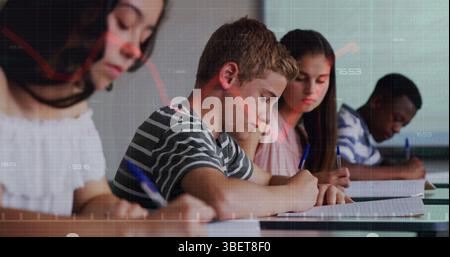 Image of graph over class of diverse pupils during lesson Stock Photo