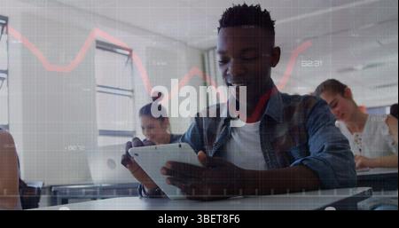 Image of data processing over diverse students using tablets and laptops Stock Photo