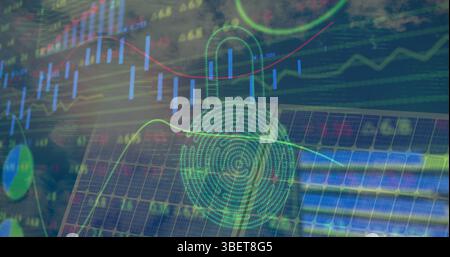 Image of digital padlock, financial data and graphs over solar panels Stock Photo
