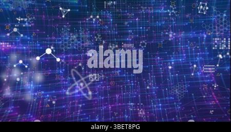 Image of molecules and lights on blue and violet background Stock Photo