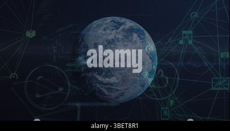 Image of two globes of digital icons and security padlock icon over globe on blue background Stock Photo