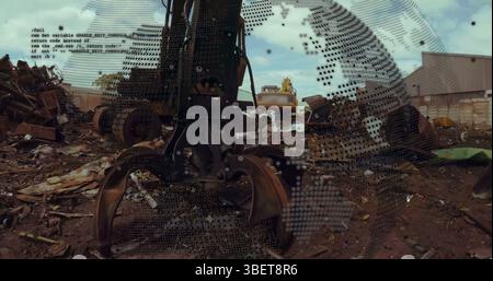 Image of globe rotating and data processing over car junkyard Stock Photo