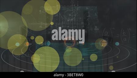 Image of dots blinking over solar system and data on digital screens over black background Stock Photo