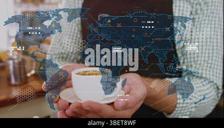 Image of data processing over hands holding cup of coffee Stock Photo