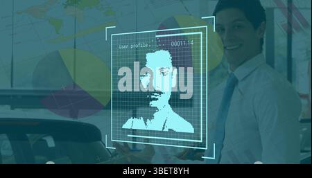 Image of data processing with people portraits over businessman in office Stock Photo