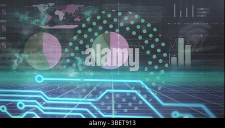 Image of graphs and integrated circuit moving in digital space Stock Photo