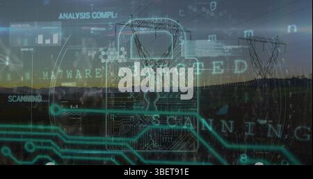 Image of scanning, virus warning and digital padlock over electricity poles Stock Photo