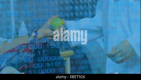 Image of binary coding over mid section of doctor holding hand of patient donating blood Stock Photo