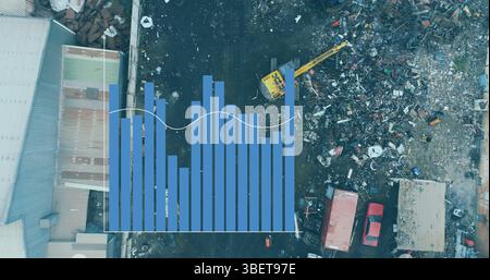 Image of statistical data processing over aerial view of scrap at junkyard Stock Photo