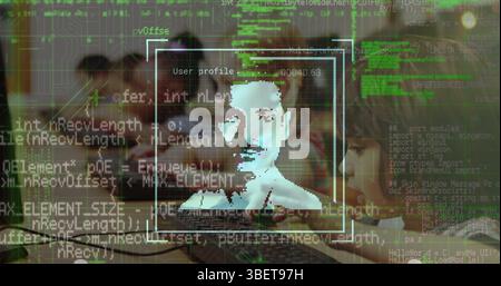 Image of data processing with people portraits over diverse schoolchildren using computer Stock Photo