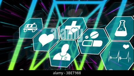 Image of chemical icons over neon lines on black background Stock Photo