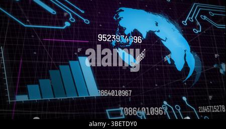 Image of graphs, numbers and globe rotating in black space Stock Photo