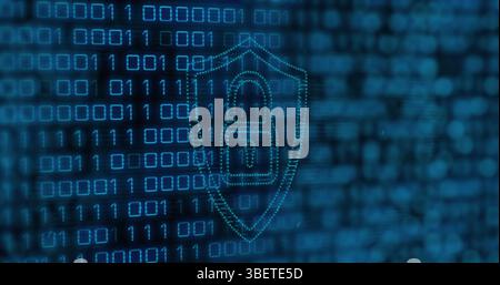 Image of binary code over lights and digital shield with padlock Stock Photo