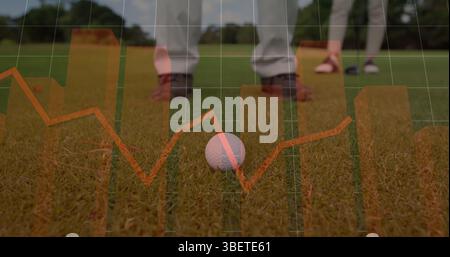 Image of statistical data processing over mid section of a man playing golf at golf course Stock Photo