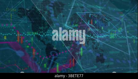 Image of financial data processing and plexus networks over world map against blue background Stock Photo