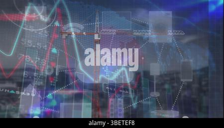 Image of financial data and graphs over cityscape Stock Photo