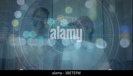 Image of blurred traffic lights over processing circle and dark space Stock Photo