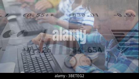 Image of data processing over diverse schoolchildren using computers Stock Photo