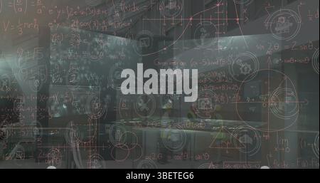 Image of falling icons over data processing on dark background Stock Photo