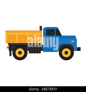 Dump truck, flat icon. Heavy construction vehicle in blue and yellow colors, side view. Infographic element for building, mining or industrial. Stock Vector