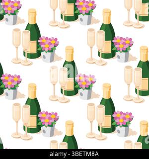 Seamless pattern with isometric champagne bottle with two glasses and pink flowers in bucket. Vector illustration. Objects isolated on white. Stock Vector