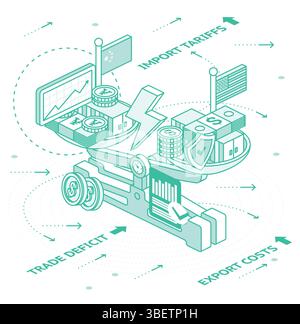 Trade war concept between United States and China. Balance scales with shipping containers, goods, money and national flags. Isometric outline concept Stock Vector