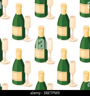 Seamless pattern with isometric champagne bottle with glass. Vector illustration. Objects isolated on white background. Festive party beverage. Stock Vector