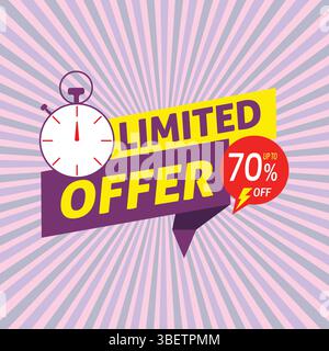 Retro-style radial background Limited Time Offer Graphic with Stopwatch and 70% Off Badge. Stock Vector